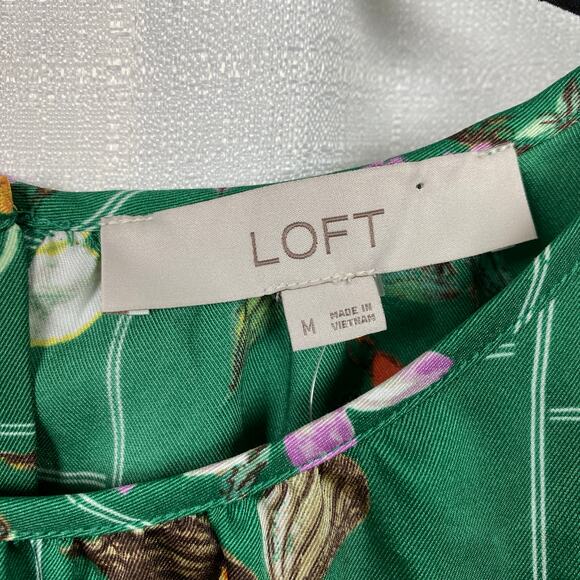 LOFT Green Floral Bird Butterfly Garden Puff Sleeve Shift Midi Dress Sz.M NWT - Picture 7 of 16